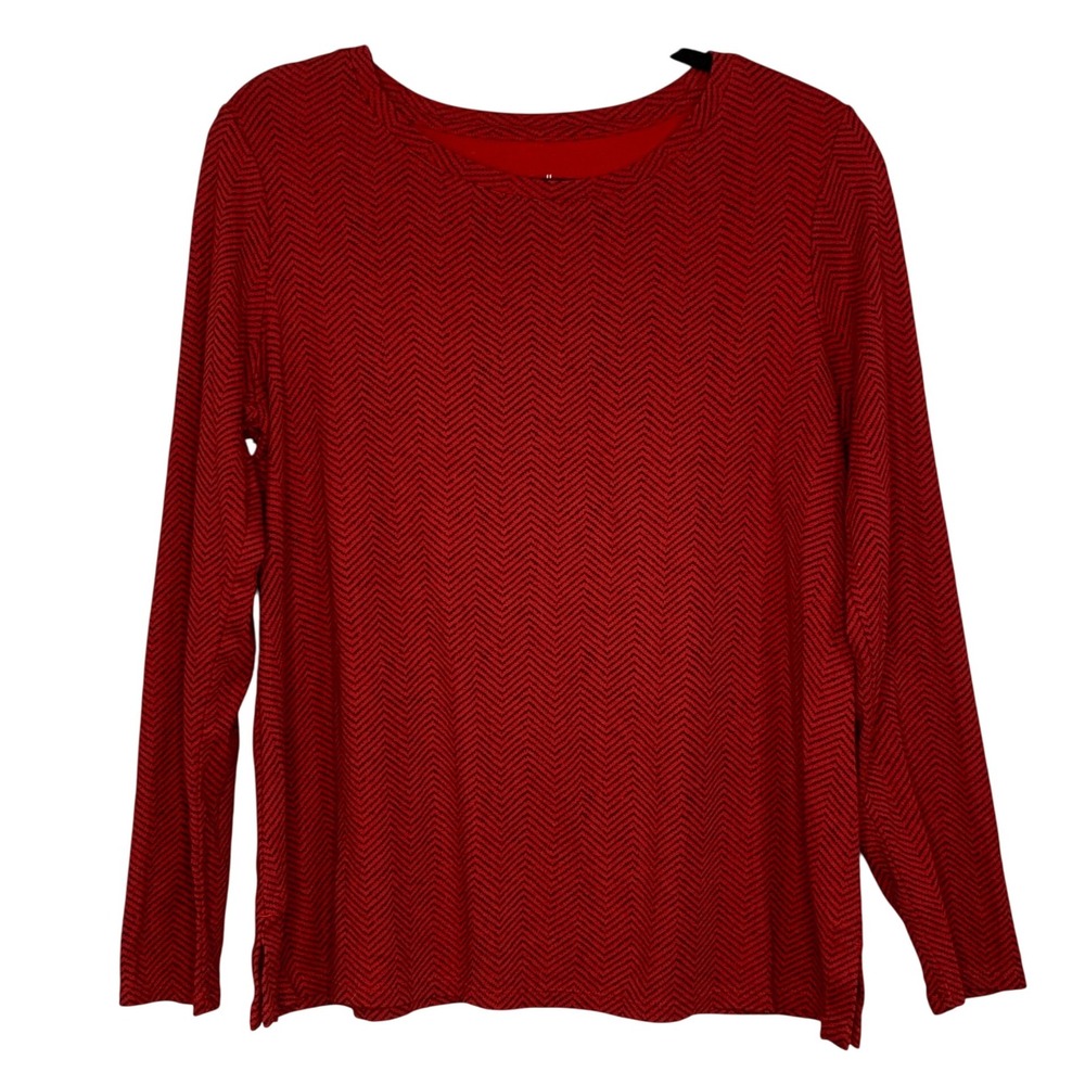 J. Jill Red Black Chevron‎ Knit Long Sleeve Crew Neck Petite Tee Shirt Top L